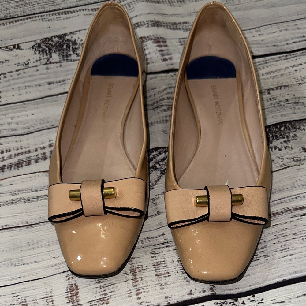 Stuart Weitzman The Belle Nude Patten Leather Bow Ballet Flats Sz. 7.5 - Picture 3 of 13
